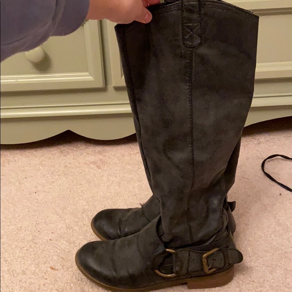 Grey Knee High Boots w/ Buckle Detail